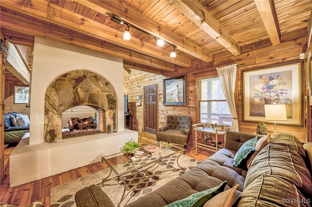 2793 Huguenot Springs Rd, Powhatan, VA 23113 - living room with wood-type flooring, wood walls, track lighting, and wooden ceiling
