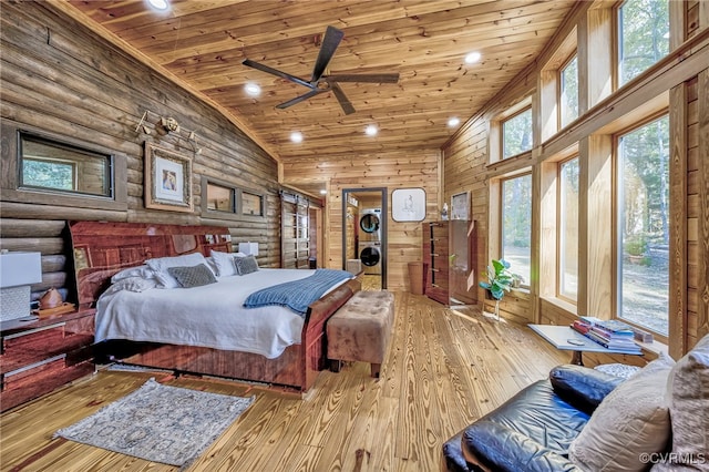 2793 Huguenot Springs Rd, Powhatan, VA 23113 - bedroom featuring stacked washer and dryer, wooden ceiling, multiple windows, and hardwood / wood-style floors