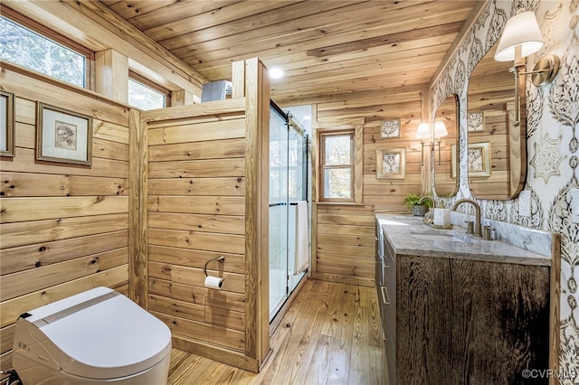 2793 Huguenot Springs Rd, Powhatan, VA 23113 - bathroom with wooden walls, a stall shower, wooden ceiling, and hardwood / wood-style floors