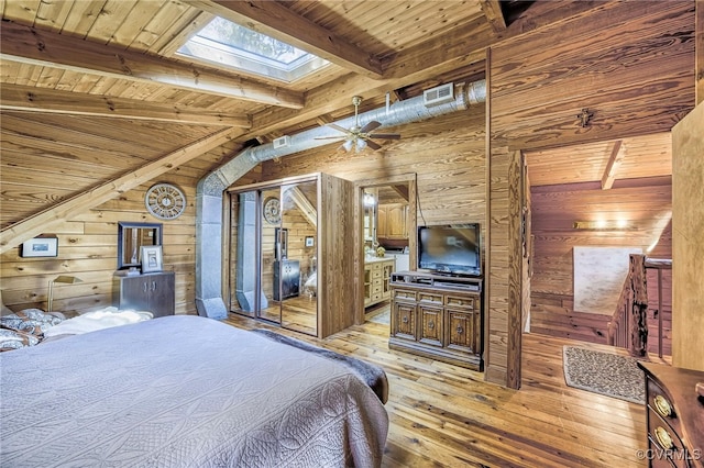 2793 Huguenot Springs Rd, Powhatan, VA 23113 - bedroom with visible vents, beamed ceiling, wooden walls, wooden ceiling, and light wood finished floors