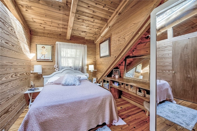 2793 Huguenot Springs Rd, Powhatan, VA 23113 - bedroom featuring vaulted ceiling with beams, wood-type flooring, wooden walls, and wood ceiling