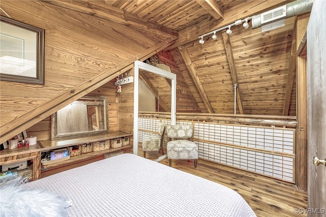 2793 Huguenot Springs Rd, Powhatan, VA 23113 - bedroom featuring lofted ceiling with beams, track lighting, wood walls, hardwood / wood-style floors, and wood ceiling