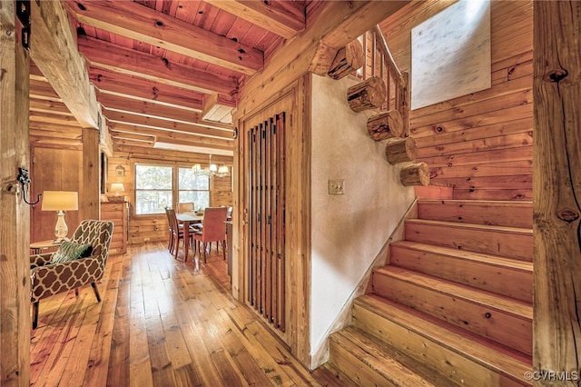 2793 Huguenot Springs Rd, Powhatan, VA 23113 - staircase featuring wooden walls, wood ceiling, beamed ceiling, and hardwood / wood-style flooring