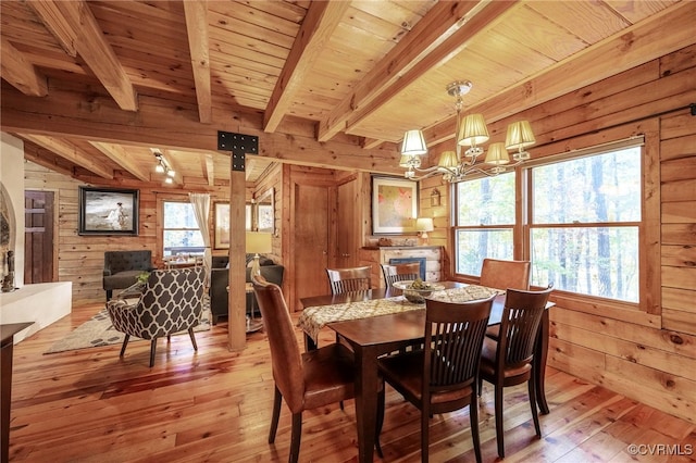 2793 Huguenot Springs Rd, Powhatan, VA 23113 - dining space featuring wooden walls, wooden ceiling, beamed ceiling, and light wood-style flooring