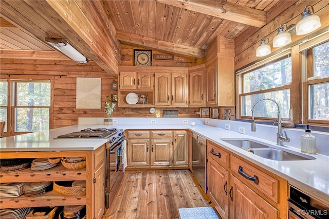 2793 Huguenot Springs Rd, Powhatan, VA 23113 - kitchen with open shelves, range with gas stovetop, a sink, and wood ceiling
