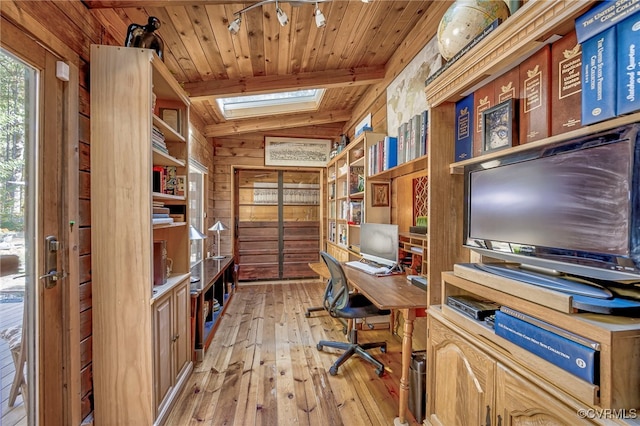2793 Huguenot Springs Rd, Powhatan, VA 23113 - office area featuring a skylight, wood ceiling, light wood-type flooring, and wood walls