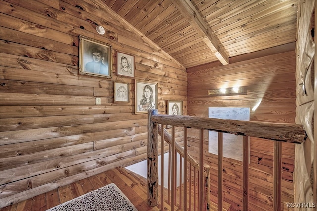2793 Huguenot Springs Rd, Powhatan, VA 23113 - stairway with lofted ceiling with beams, hardwood / wood-style floors, and wooden ceiling