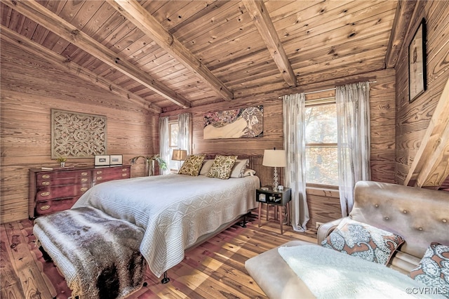 2793 Huguenot Springs Rd, Powhatan, VA 23113 - bedroom with wood-type flooring, lofted ceiling with beams, wood ceiling, and wood walls