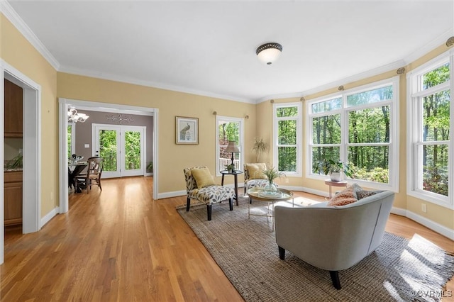 interior space with crown molding, plenty of natural light, french doors, and wood finished floors