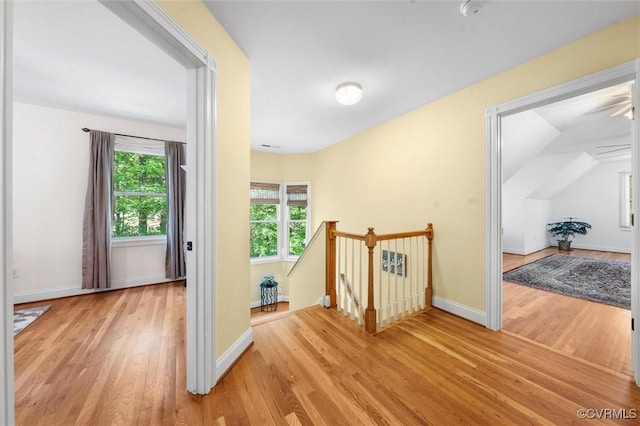 corridor featuring a healthy amount of sunlight, light wood finished floors, and an upstairs landing