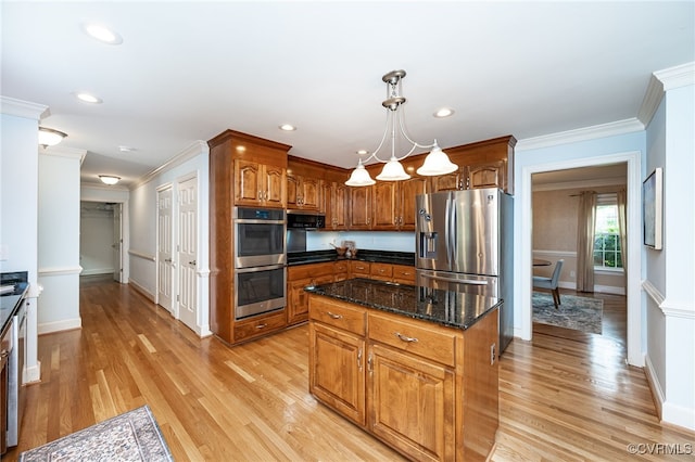 12911 Chipstead Rd, Chester, VA 23831 - kitchen with appliances with stainless steel finishes, ornamental molding, light wood-style floors, brown cabinetry, and dark stone counters