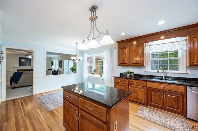 12911 Chipstead Rd, Chester, VA 23831 - kitchen featuring a sink, stainless steel dishwasher, a center island, a chandelier, and light wood-style flooring