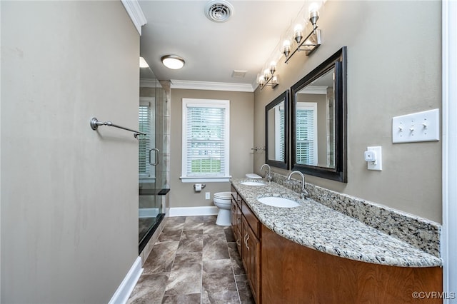 12911 Chipstead Rd, Chester, VA 23831 - bathroom featuring toilet, double vanity, ornamental molding, baseboards, and a shower stall