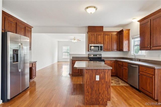 kitchen with stainless steel appliances, a wealth of natural light, a sink, and light wood-style floors
