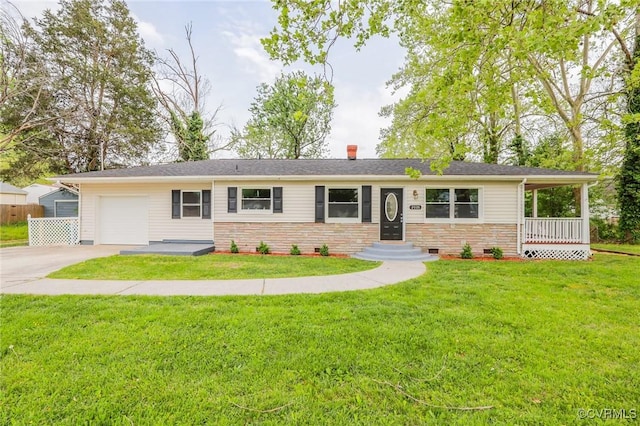 single story home with concrete driveway, an attached garage, a chimney, and a front lawn