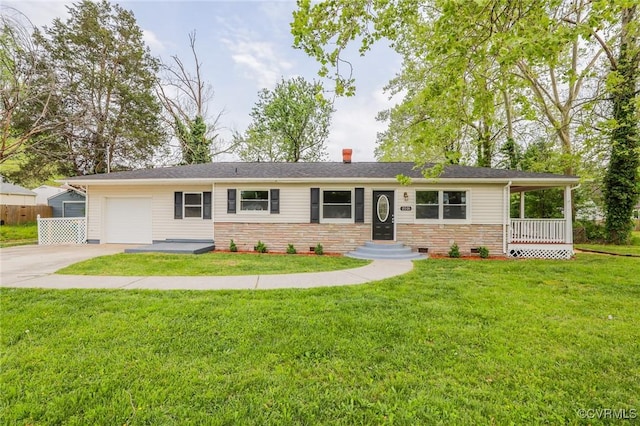 ranch-style house with concrete driveway, a chimney, a front yard, and a garage