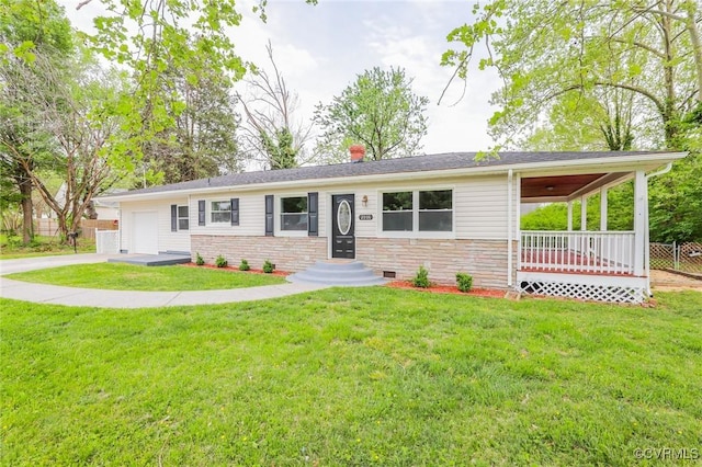 ranch-style home with a front lawn, driveway, stone siding, a chimney, and an attached garage