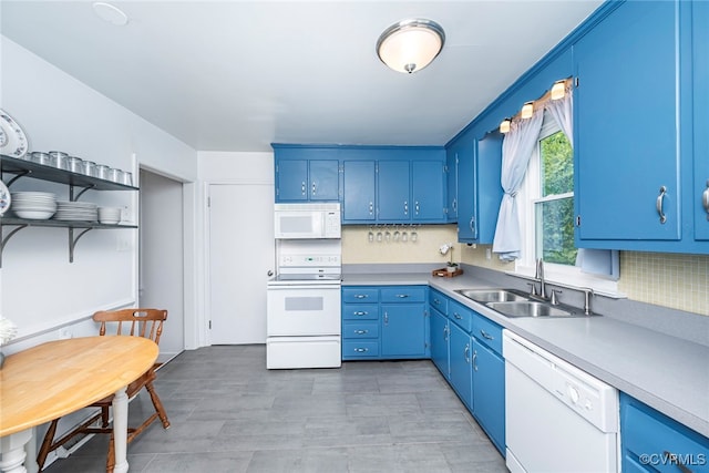 kitchen featuring blue cabinets, open shelves, a sink, light countertops, and white appliances