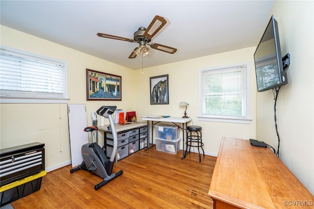 interior space featuring plenty of natural light, baseboards, ceiling fan, and light wood finished floors
