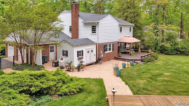 331 Harwick, North Chesterfield, VA 23236 - back of house featuring a gazebo, a chimney, a wooden deck, a lawn, and a patio