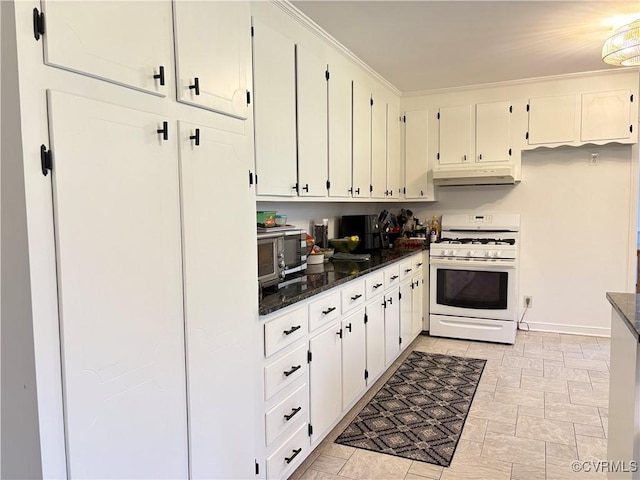 331 Harwick, North Chesterfield, VA 23236 - kitchen featuring under cabinet range hood, stainless steel microwave, dark stone counters, white range with gas cooktop, and white cabinetry