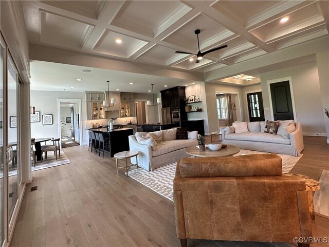 0 Three Chopt Rd, Gum Spring, VA 23065 - living room with light wood-type flooring, coffered ceiling, a ceiling fan, beamed ceiling, and baseboards