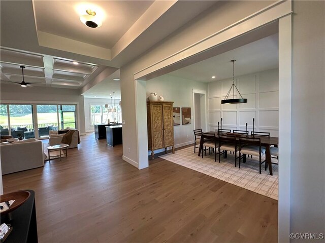 0 Three Chopt Rd, Gum Spring, VA 23065 - dining space featuring wood finished floors, ceiling fan, recessed lighting, beamed ceiling, and baseboards