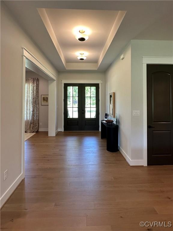 0 Three Chopt Rd, Gum Spring, VA 23065 - foyer with french doors, a tray ceiling, wood finished floors, and baseboards
