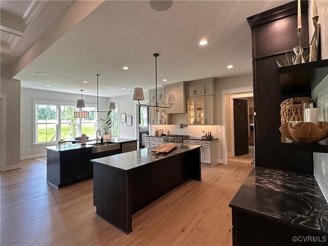 0 Three Chopt Rd, Gum Spring, VA 23065 - kitchen featuring a large island, recessed lighting, light wood-style flooring, range, and baseboards