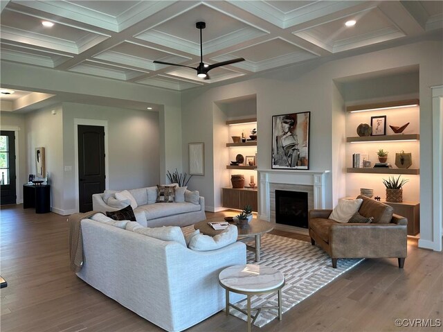 0 Three Chopt Rd, Gum Spring, VA 23065 - living area with wood finished floors, beam ceiling, a ceiling fan, a fireplace, and recessed lighting