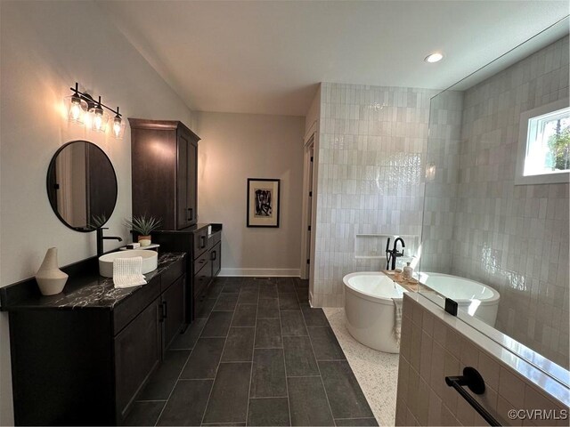 0 Three Chopt Rd, Gum Spring, VA 23065 - bathroom featuring a soaking tub, vanity, tile walls, and tile patterned floors