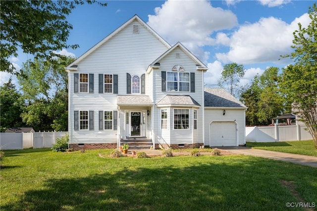 view of front of home featuring an attached garage, fence, and crawl space
