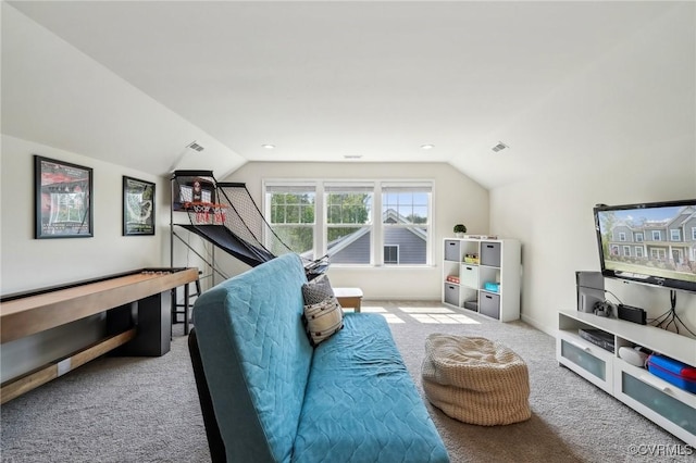 rec room featuring vaulted ceiling, carpet floors, baseboards, and visible vents