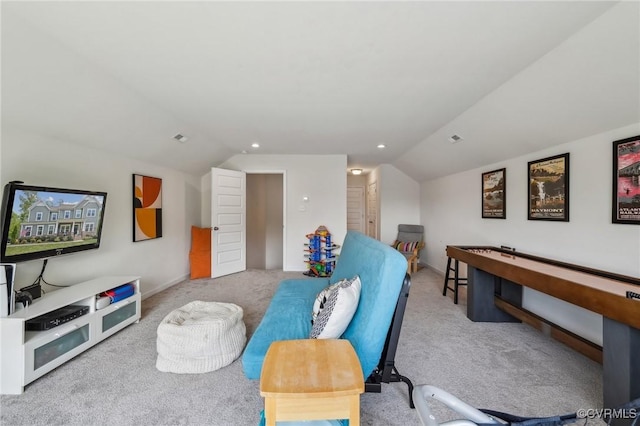 playroom with carpet, baseboards, lofted ceiling, and recessed lighting