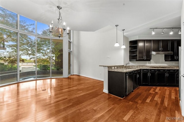 kitchen with a sink, dark cabinets, black dishwasher, open shelves, and rail lighting