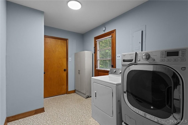 laundry room with baseboards, laundry area, light floors, and washing machine and clothes dryer