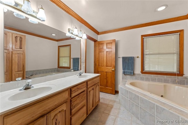 bathroom featuring tile patterned flooring, a garden tub, crown molding, and a sink