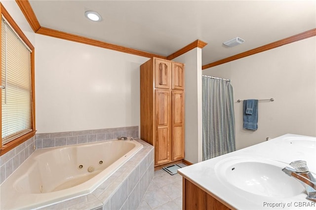 bathroom featuring a whirlpool tub, double vanity, visible vents, a sink, and crown molding