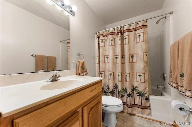 bathroom featuring shower / bath combo with shower curtain, vanity, and toilet