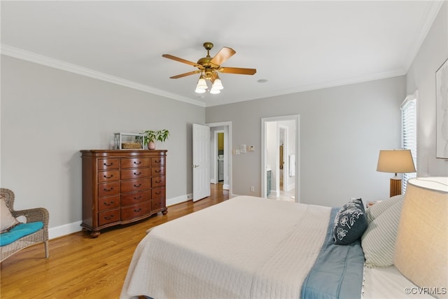 bedroom featuring crown molding, light wood finished floors, baseboards, and ceiling fan