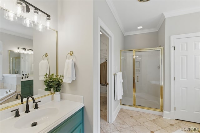 bathroom with tile patterned flooring, vanity, ornamental molding, baseboards, and a stall shower