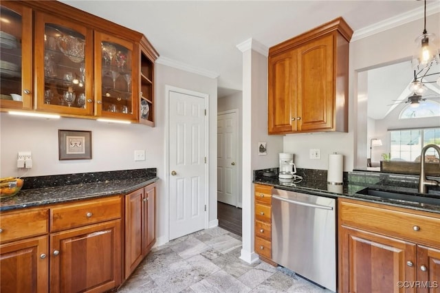 kitchen with ornamental molding, glass insert cabinets, dark stone counters, a sink, and dishwasher