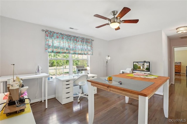 office space with a ceiling fan, wood finished floors, and visible vents