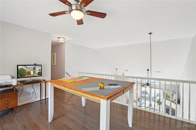 home office with ceiling fan and wood finished floors