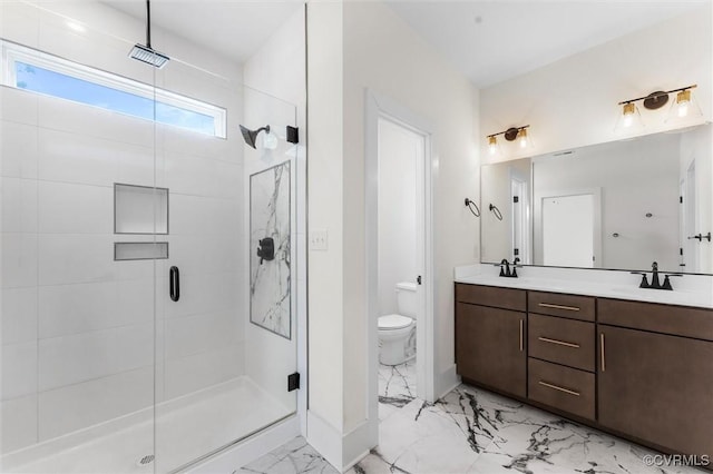 810 N 32nd St, Richmond, VA 23223 - bathroom with marble finish flooring, a stall shower, double vanity, and toilet