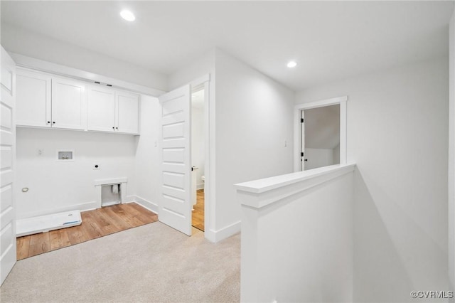 2355 Cedar Hill Rd, Mineral, VA 23117 - clothes washing area featuring electric dryer hookup, cabinet space, light colored carpet, gas dryer hookup, and washer hookup