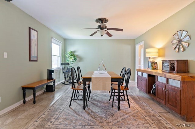 dining area featuring a ceiling fan and baseboards