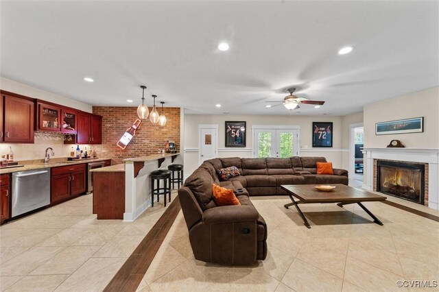 12712 Dell Hill Ct, Chesterfield, VA 23831 - living area featuring recessed lighting, a lit fireplace, a ceiling fan, indoor wet bar, and light tile patterned floors