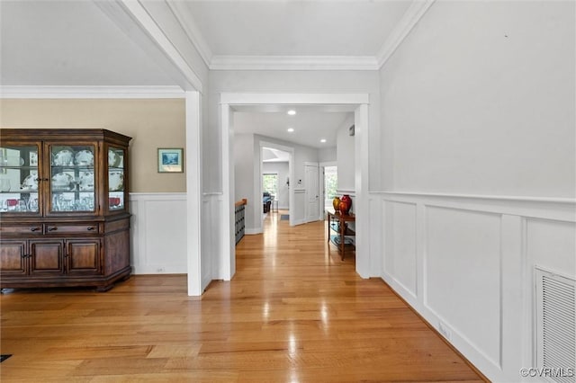 12712 Dell Hill Ct, Chesterfield, VA 23831 - interior space featuring light wood finished floors, a wainscoted wall, visible vents, a decorative wall, and crown molding