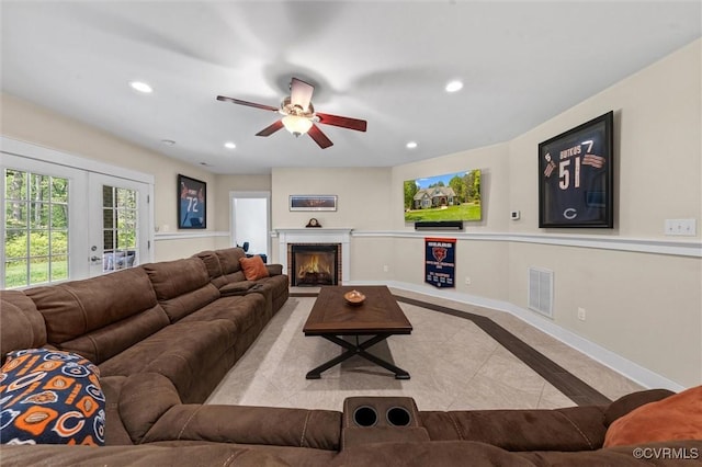 12712 Dell Hill Ct, Chesterfield, VA 23831 - living area featuring tile patterned floors, french doors, baseboards, visible vents, and recessed lighting